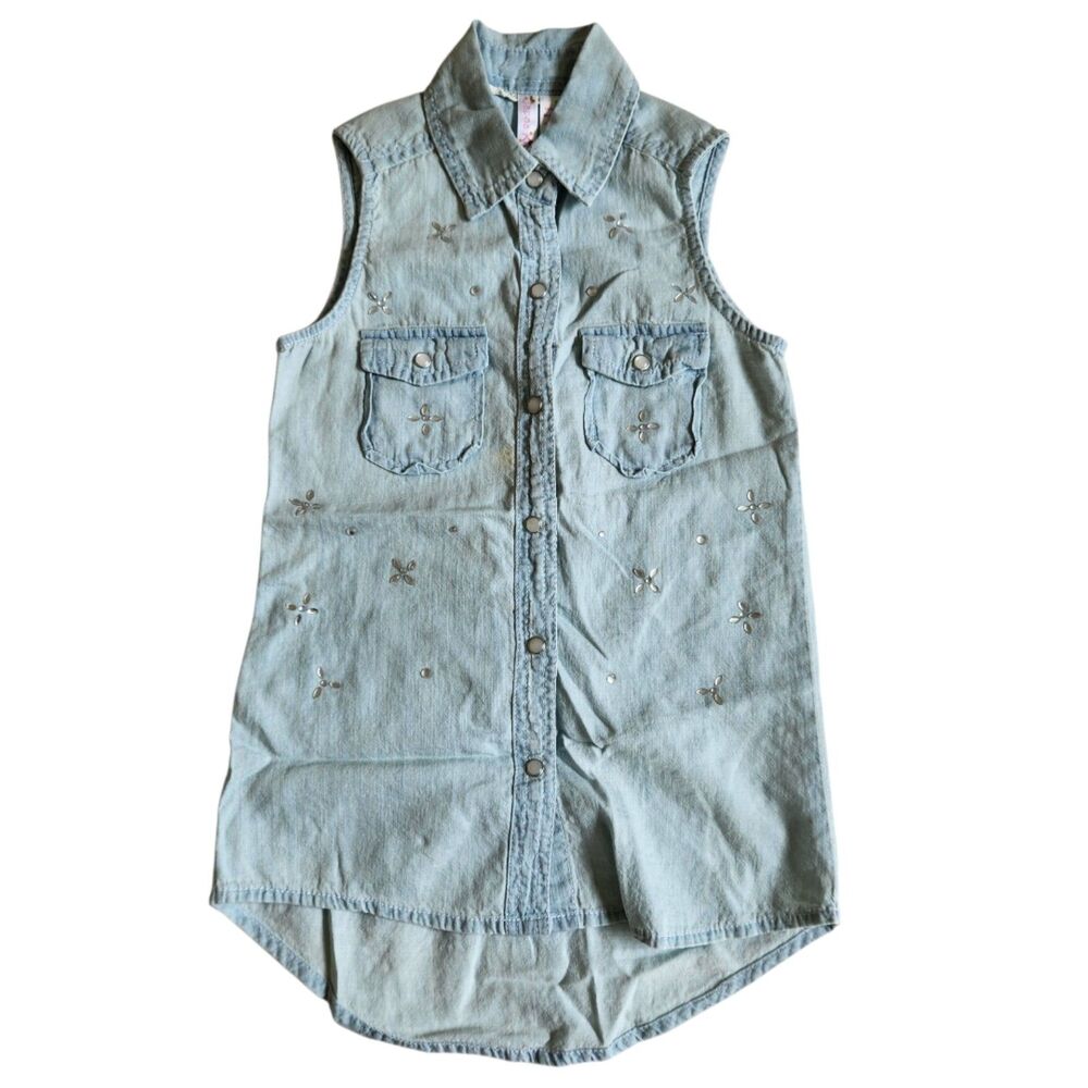 Japna Kids Light Wash Denim Studded Floral Sleeveless Button down Tunic Top Sz 7